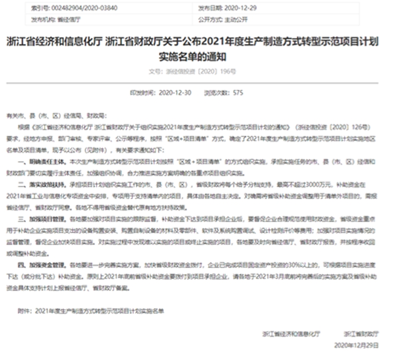 浙江省生产制造方式转型示范项目（绿色化改造）